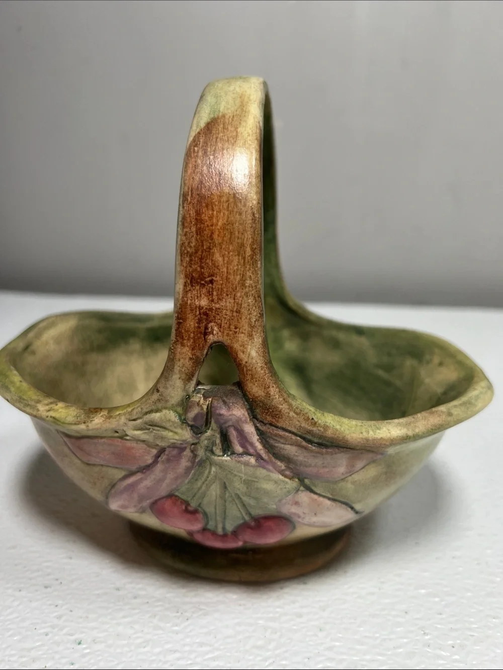 Vintage WELLER POTTERY FLEMISH BASKET WITH RAISED CHERRIES